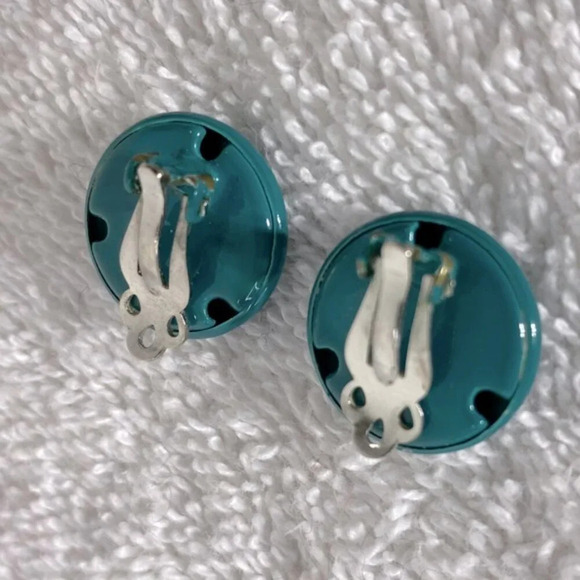 Vintage Teal Painted  Metal Circle Clip On Earrings - Picture 3 of 7
